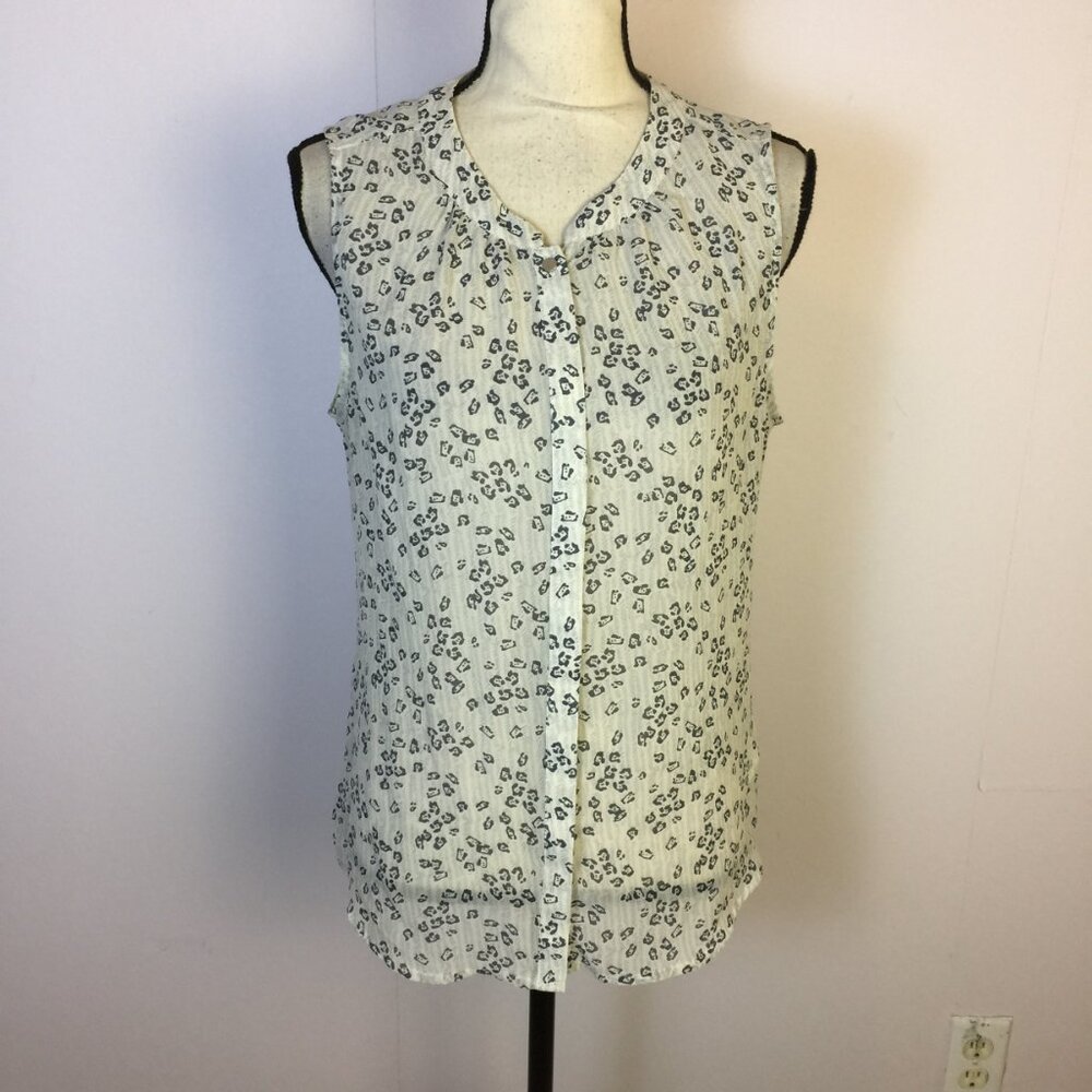 Banana Republic Blouse Shirt Size L Womans Petite White Animal Sheer Sleeveless